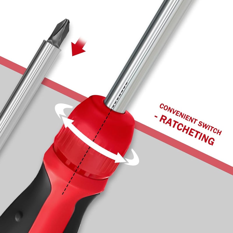Brass hunter 13-in-1 Ratcheting Screwdriver | Multi-Bit Storage | Retractable Cartridge | Handle with Cushion Grip | ¼" Hex Shaft 、Star, Flat, Square Bit - Red、Black - Image 1